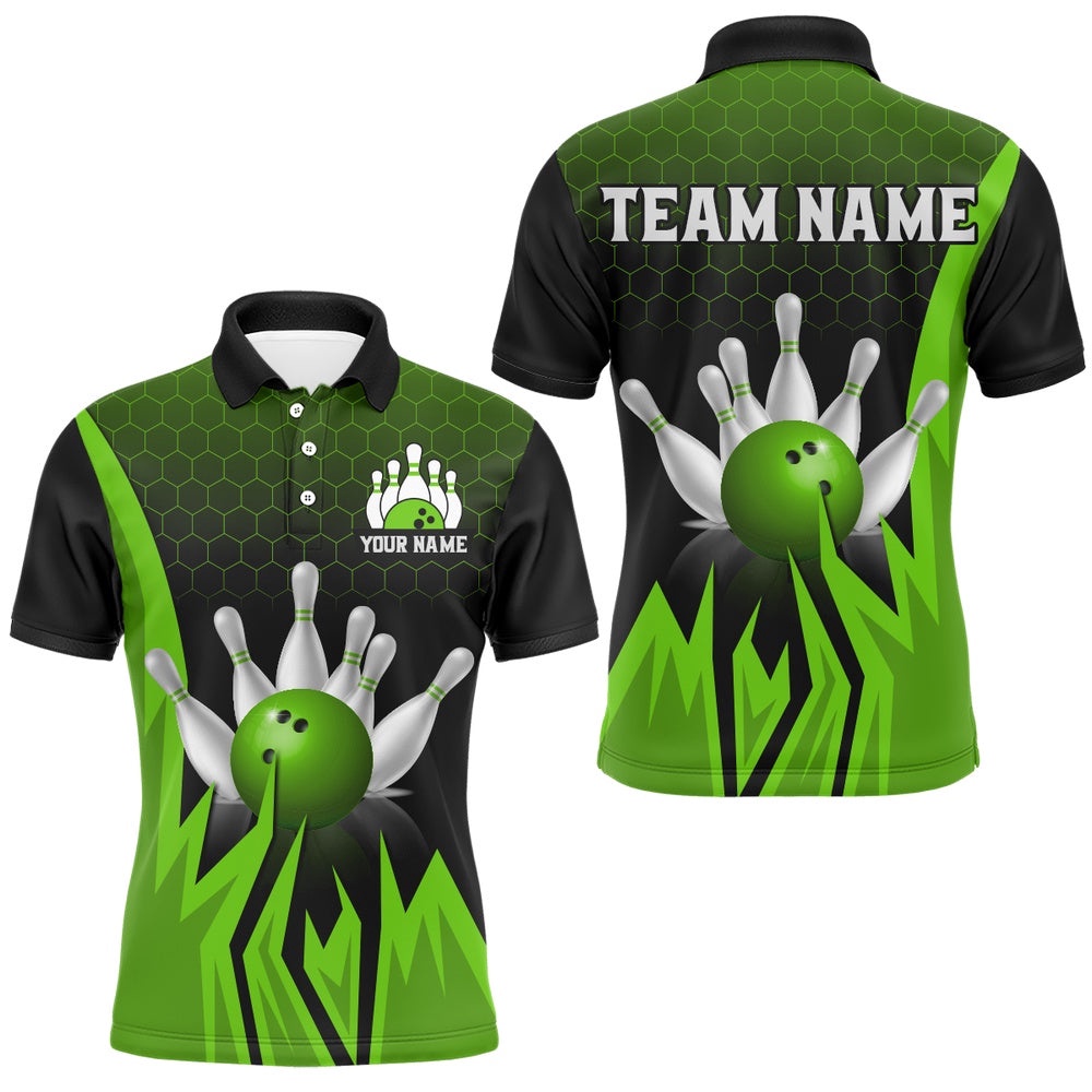 Custom Flame Bowling Polo Shirts For Men & Women Green Bowling Team Polo Shirt, Personalized Bowling Team Shirt Custom Flame Bowling Polo Shirts For Men & Women Green Bowling Team Polo Shirt, Personalized Bowling Team Shirt