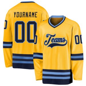 Custom Gold Navy Light Blue Hockey Jersey,…