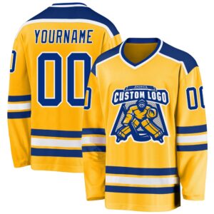 Custom Gold Royal White Hockey Jersey, New…
