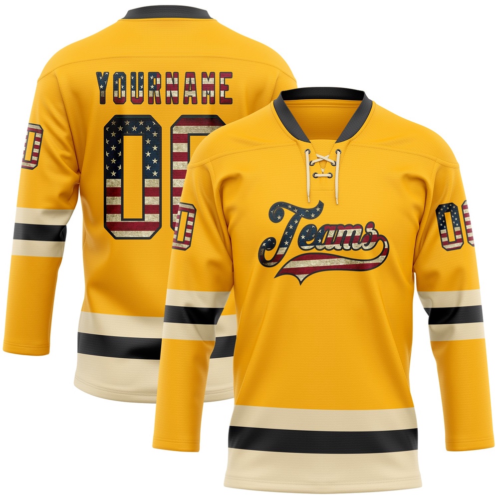 Custom Gold Vintage USA Flag Black Cream Hockey Lace Neck Jersey, New Hockey Jersey, Personali Sport Team Jersey Shirt