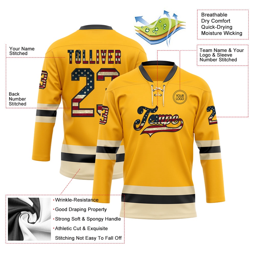 Custom Gold Vintage USA Flag Black Cream Hockey Lace Neck Jersey, New Hockey Jersey, Personali Sport Team Jersey Shirt