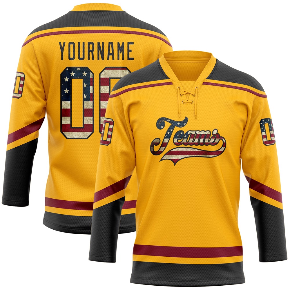 Custom Gold Vintage USA Flag Black Crimson Hockey Lace Neck Jersey, New Hockey Jersey, Personali Sport Team Jersey Shirt