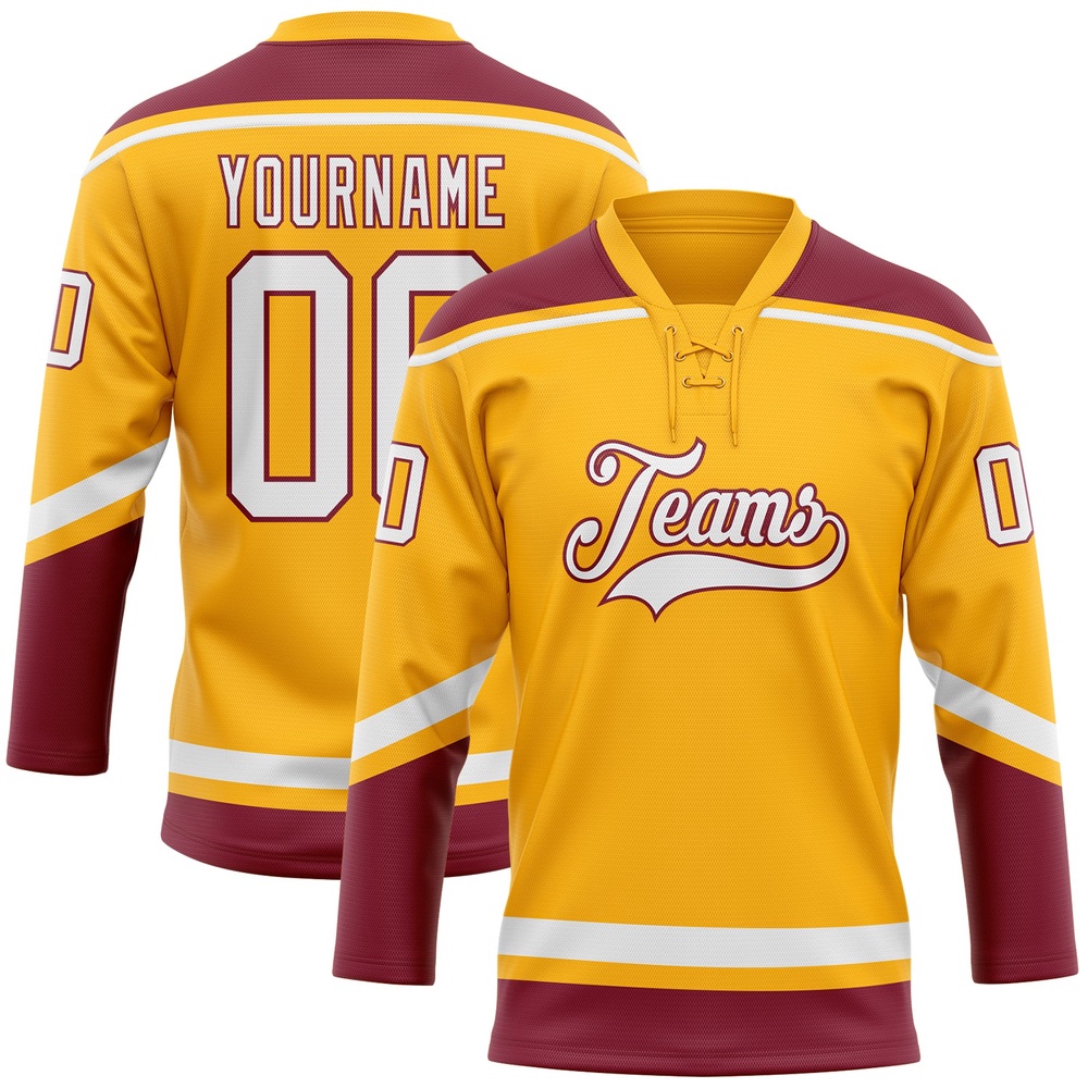 Custom Gold White Crimson Hockey Lace Neck Jersey, New Hockey Jersey, Personali Sport Team Jersey Shirt