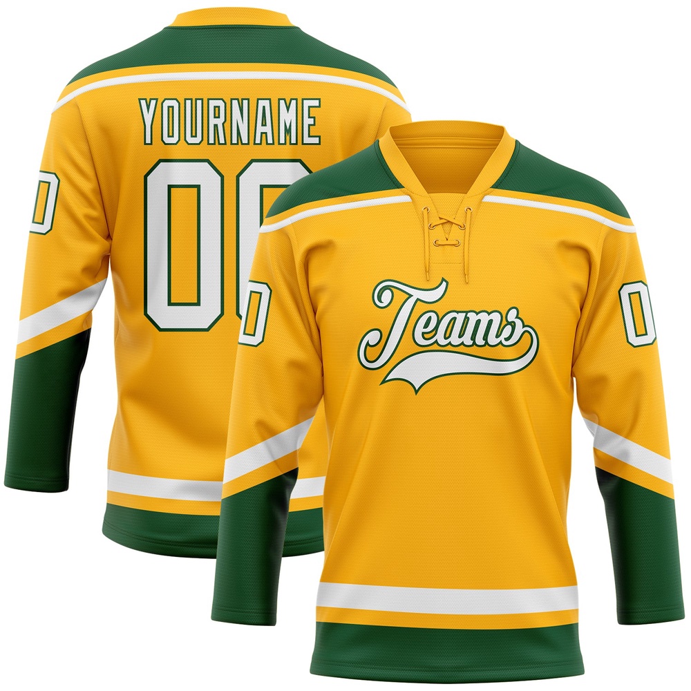 Custom Gold White Green Hockey Lace Neck Jersey, New Hockey Jersey, Personali Sport Team Jersey Shirt