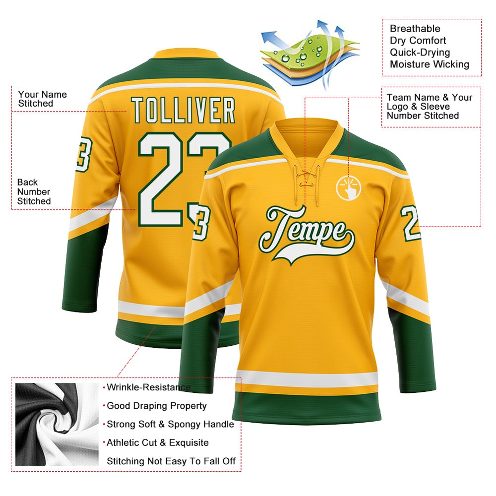 Custom Gold White Green Hockey Lace Neck Jersey, New Hockey Jersey, Personali Sport Team Jersey Shirt