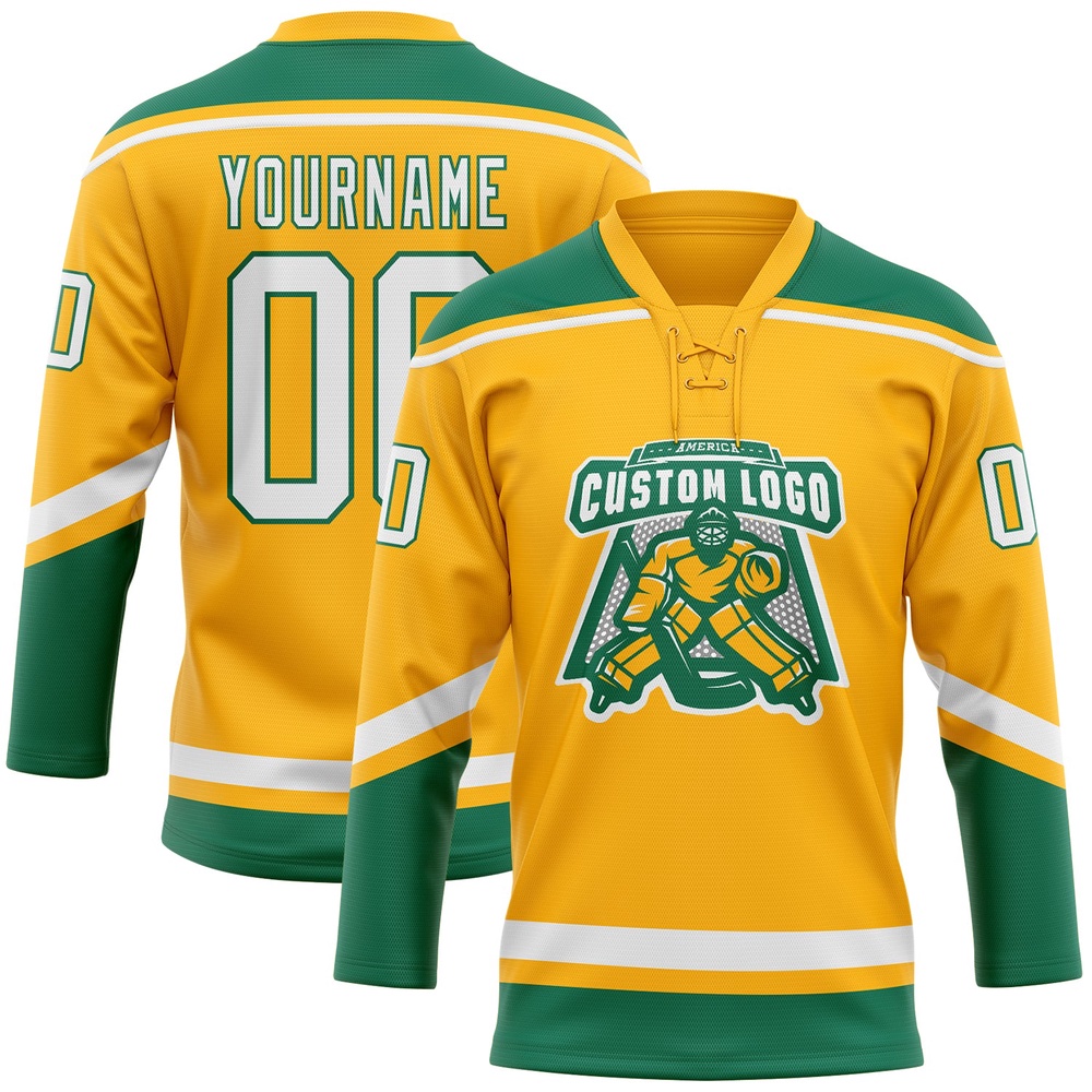 Custom Gold White Kelly Green Hockey Lace Neck Jersey, New Hockey Jersey, Personali Sport Team Jersey Shirt