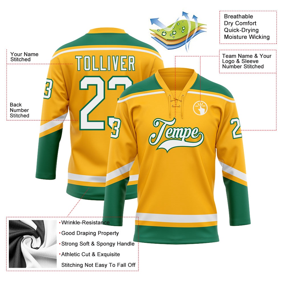 Custom Gold White Kelly Green Hockey Lace Neck Jersey, New Hockey Jersey, Personali Sport Team Jersey Shirt