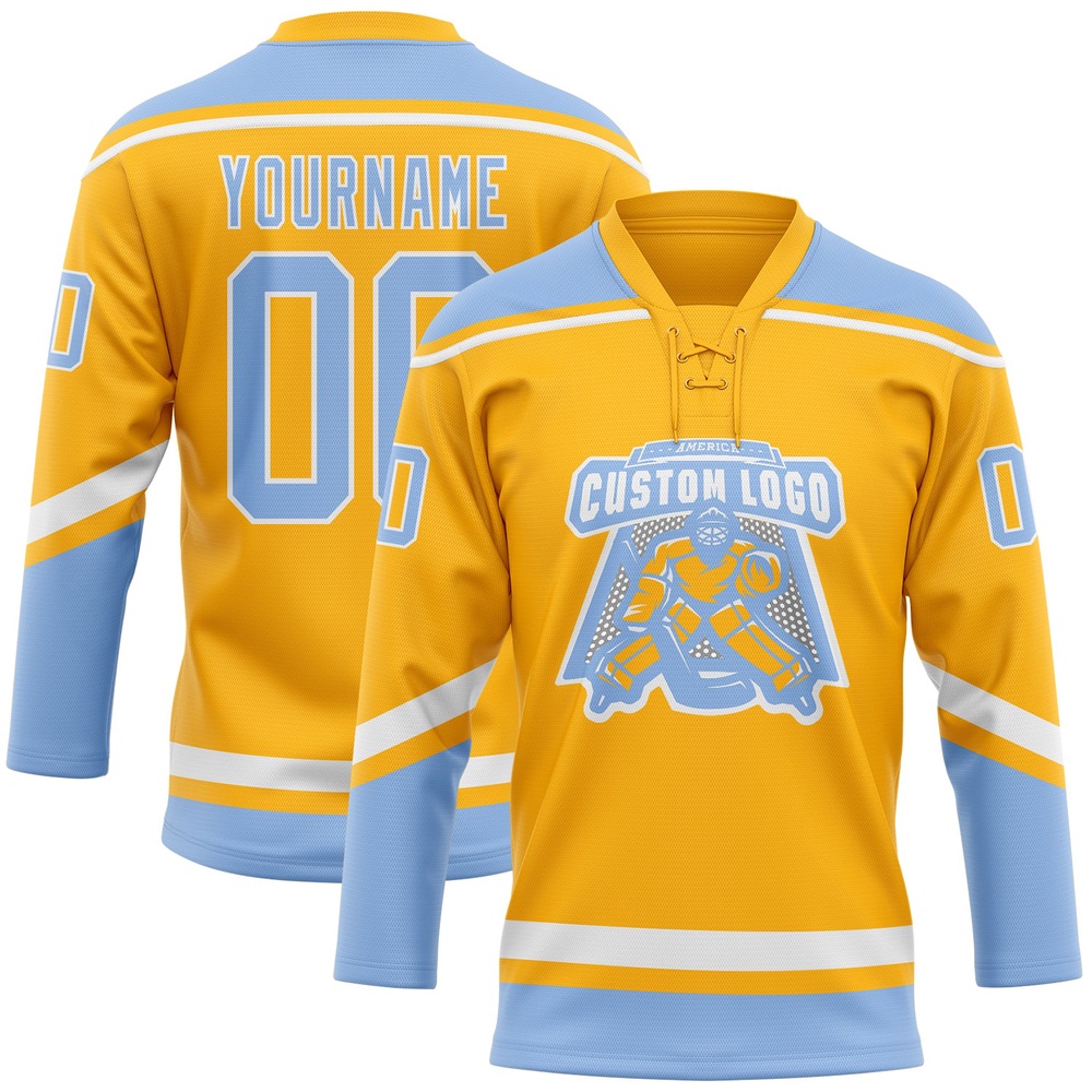 Custom Gold White Light Blue Hockey Lace Neck Jersey, New Hockey Jersey, Personali Sport Team Jersey Shirt