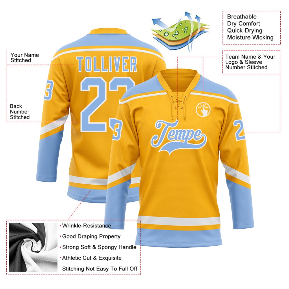 Custom Gold White Light Blue Hockey Lace Neck Jersey, New Hockey Jersey, Personali Sport Team Jersey Shirt