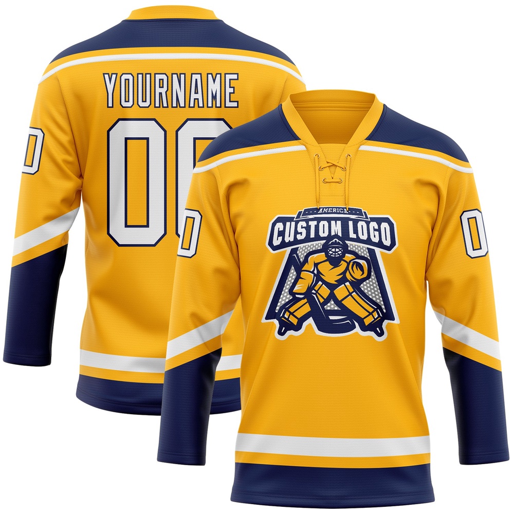 Custom Gold White Navy Hockey Lace Neck Jersey, New Hockey Jersey, Personali Sport Team Jersey Shirt
