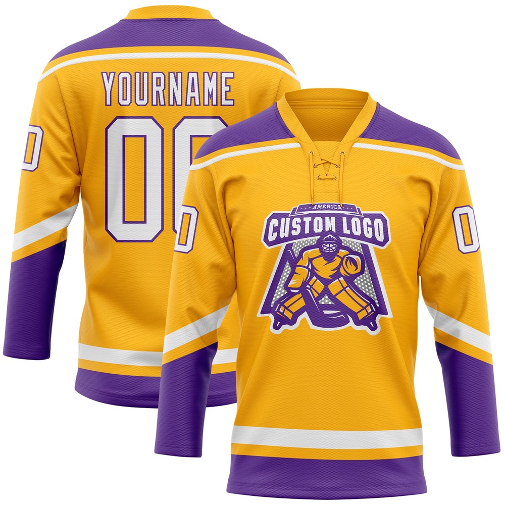Custom Gold White Purple Hockey Lace Neck Jersey, New Hockey Jersey, Personali Sport Team Jersey Shirt