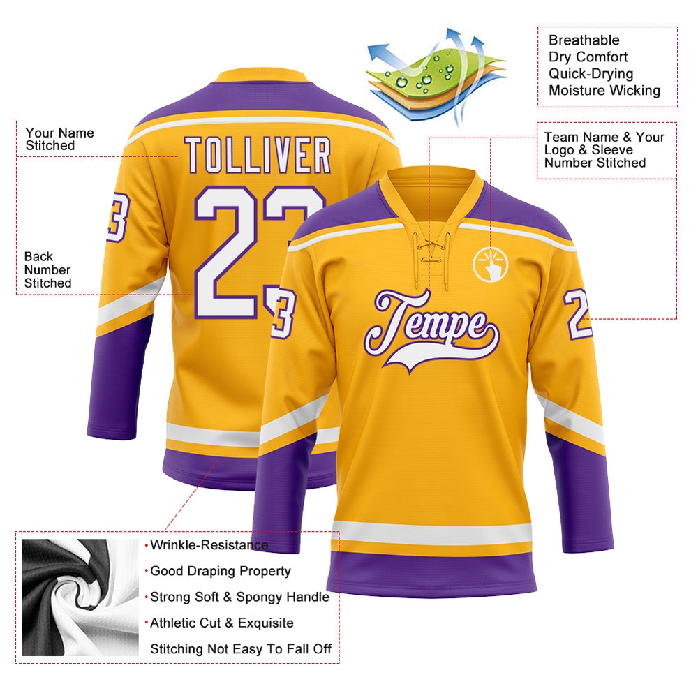 Custom Gold White Purple Hockey Lace Neck Jersey, New Hockey Jersey, Personali Sport Team Jersey Shirt