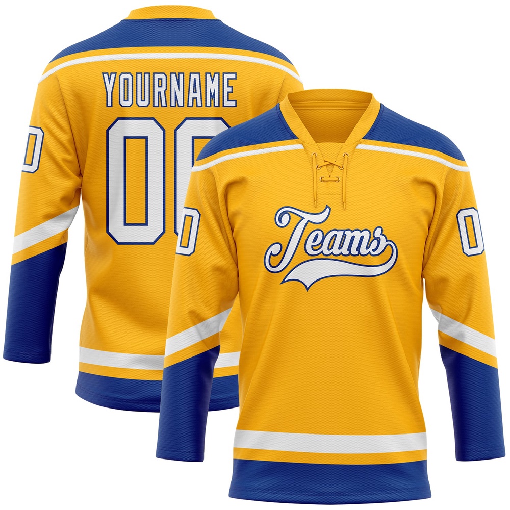 Custom Gold White Royal Hockey Lace Neck Jersey, New Hockey Jersey, Personali Sport Team Jersey Shirt Custom Gold White Royal Hockey Lace Neck Jersey, New Hockey Jersey, Personali Sport Team Jersey Shirt