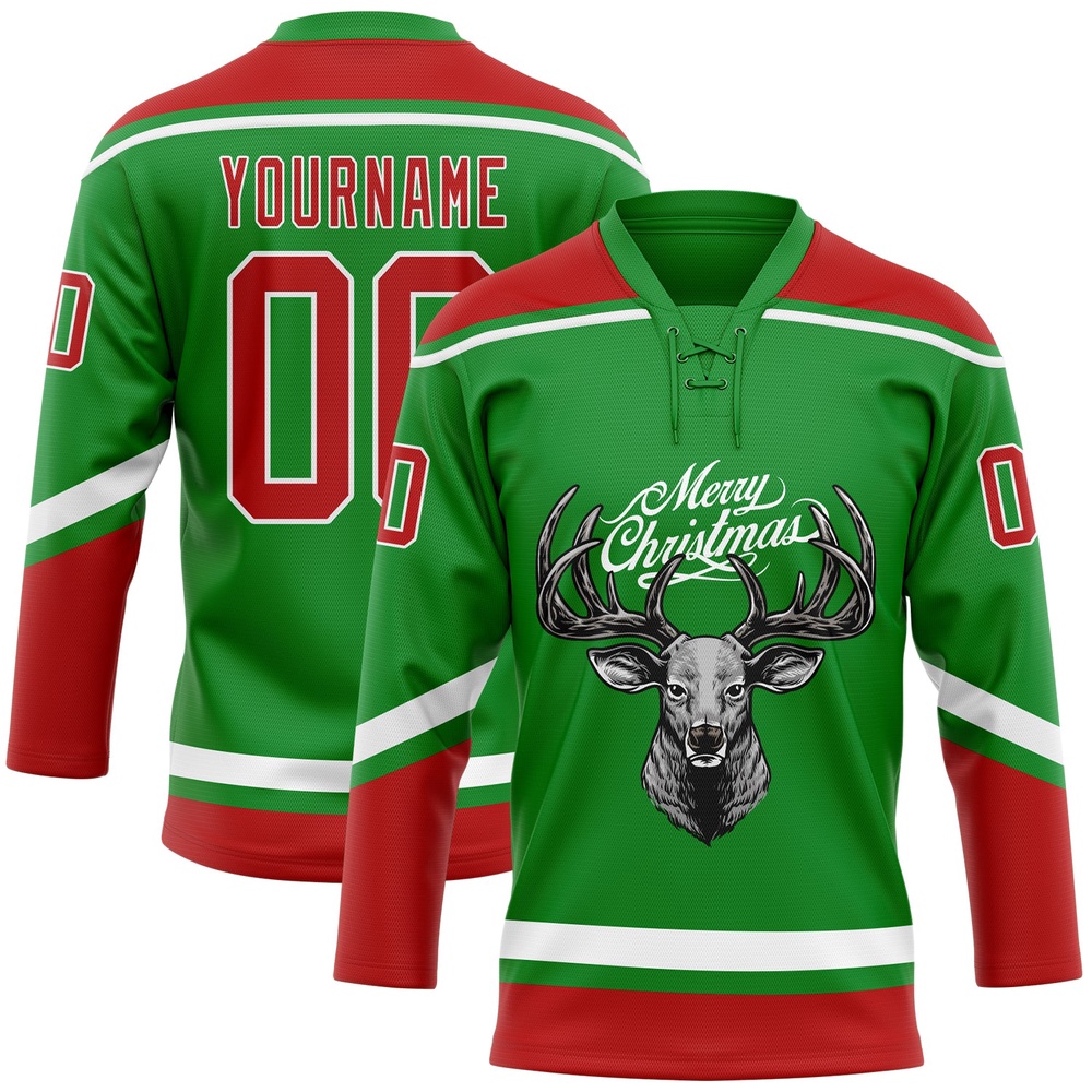 Custom Grass Green Red White Christmas Reindeer 3D Hockey Lace Neck Jersey, New Hockey Jersey, Personali Sport Team Jersey Shirt Custom Grass Green Red White Christmas Reindeer 3D Hockey Lace Neck Jersey, New Hockey Jersey, Personali Sport Team Jersey Shirt