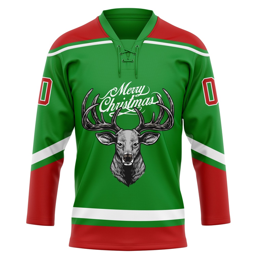 Custom Grass Green Red White Christmas Reindeer 3D Hockey Lace Neck Jersey, New Hockey Jersey, Personali Sport Team Jersey Shirt Custom Grass Green Red White Christmas Reindeer 3D Hockey Lace Neck Jersey, New Hockey Jersey, Personali Sport Team Jersey Shirt