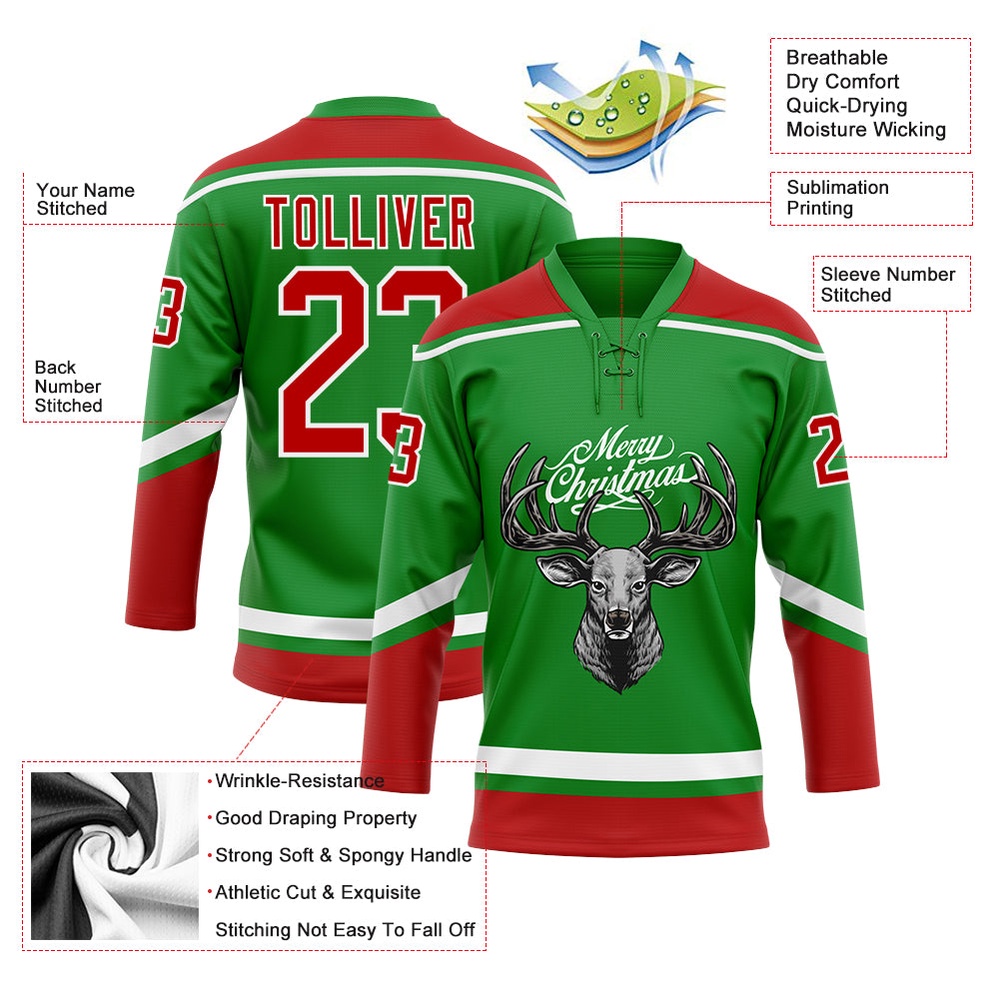 Custom Grass Green Red White Christmas Reindeer 3D Hockey Lace Neck Jersey, New Hockey Jersey, Personali Sport Team Jersey Shirt Custom Grass Green Red White Christmas Reindeer 3D Hockey Lace Neck Jersey, New Hockey Jersey, Personali Sport Team Jersey Shirt