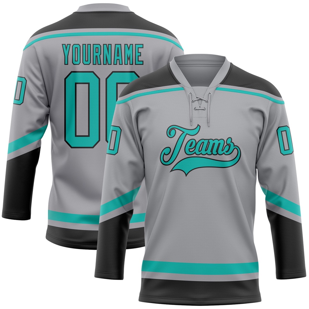 Custom Gray Aqua Black Hockey Lace Neck Jersey, New Hockey Jersey, Personali Sport Team Jersey Shirt Custom Gray Aqua Black Hockey Lace Neck Jersey, New Hockey Jersey, Personali Sport Team Jersey Shirt