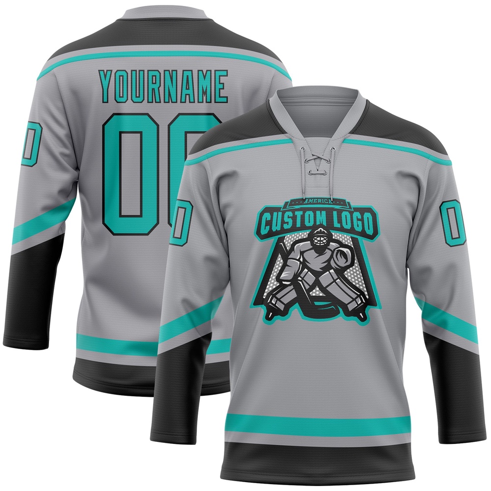 Custom Gray Aqua Black Hockey Lace Neck Jersey, New Hockey Jersey, Personali Sport Team Jersey Shirt Custom Gray Aqua Black Hockey Lace Neck Jersey, New Hockey Jersey, Personali Sport Team Jersey Shirt