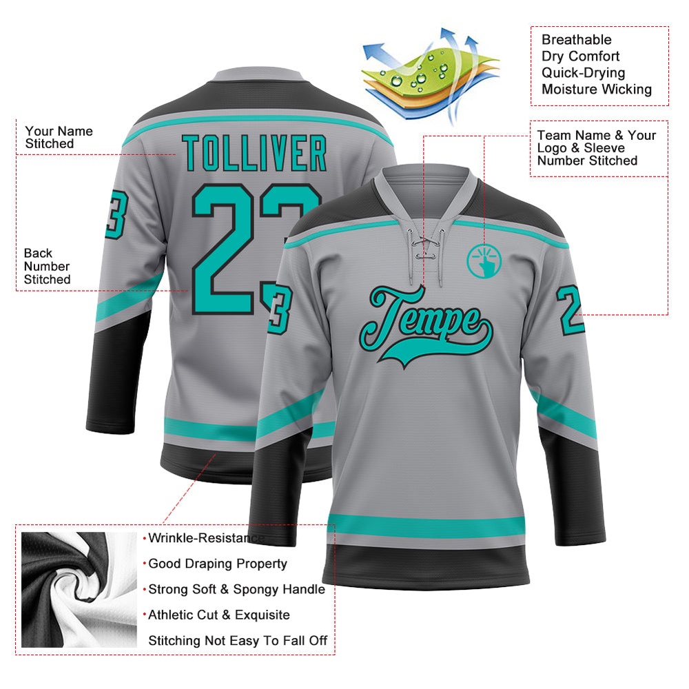 Custom Gray Aqua Black Hockey Lace Neck Jersey, New Hockey Jersey, Personali Sport Team Jersey Shirt Custom Gray Aqua Black Hockey Lace Neck Jersey, New Hockey Jersey, Personali Sport Team Jersey Shirt