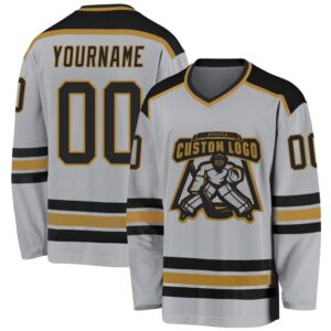 Custom Gray Black Old Gold Hockey Jersey,…