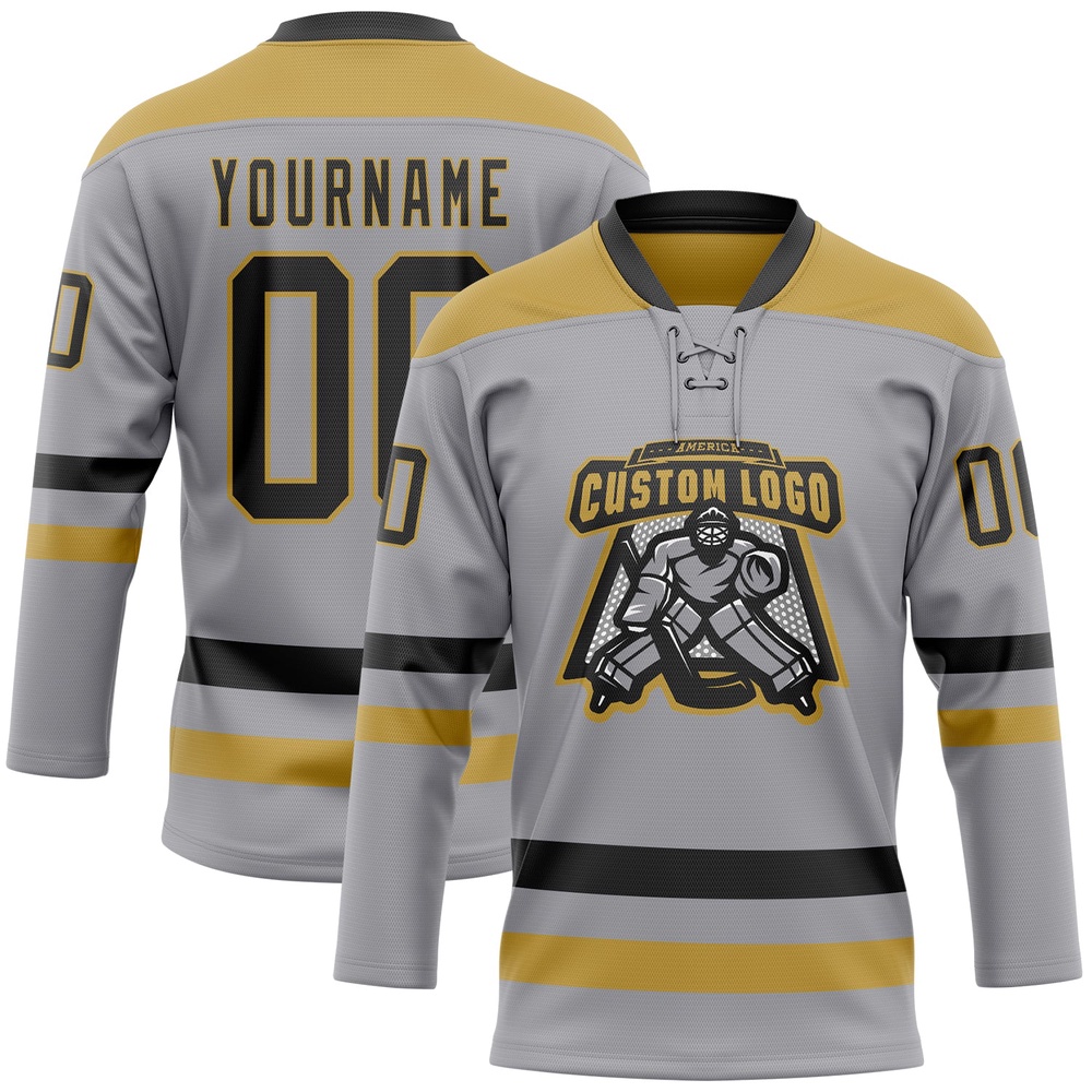 Custom Gray Black Old Gold Hockey Lace Neck Jersey, New Hockey Jersey, Personali Sport Team Jersey Shirt