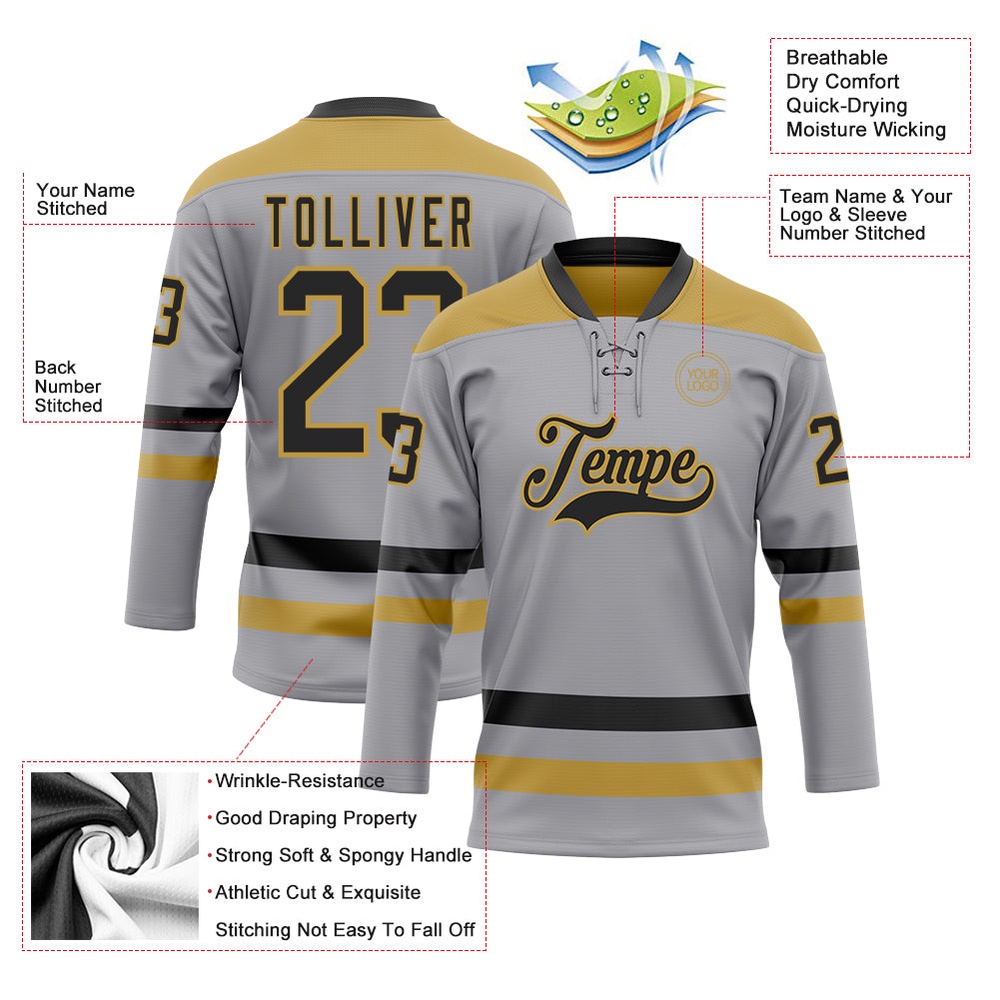 Custom Gray Black Old Gold Hockey Lace Neck Jersey, New Hockey Jersey, Personali Sport Team Jersey Shirt