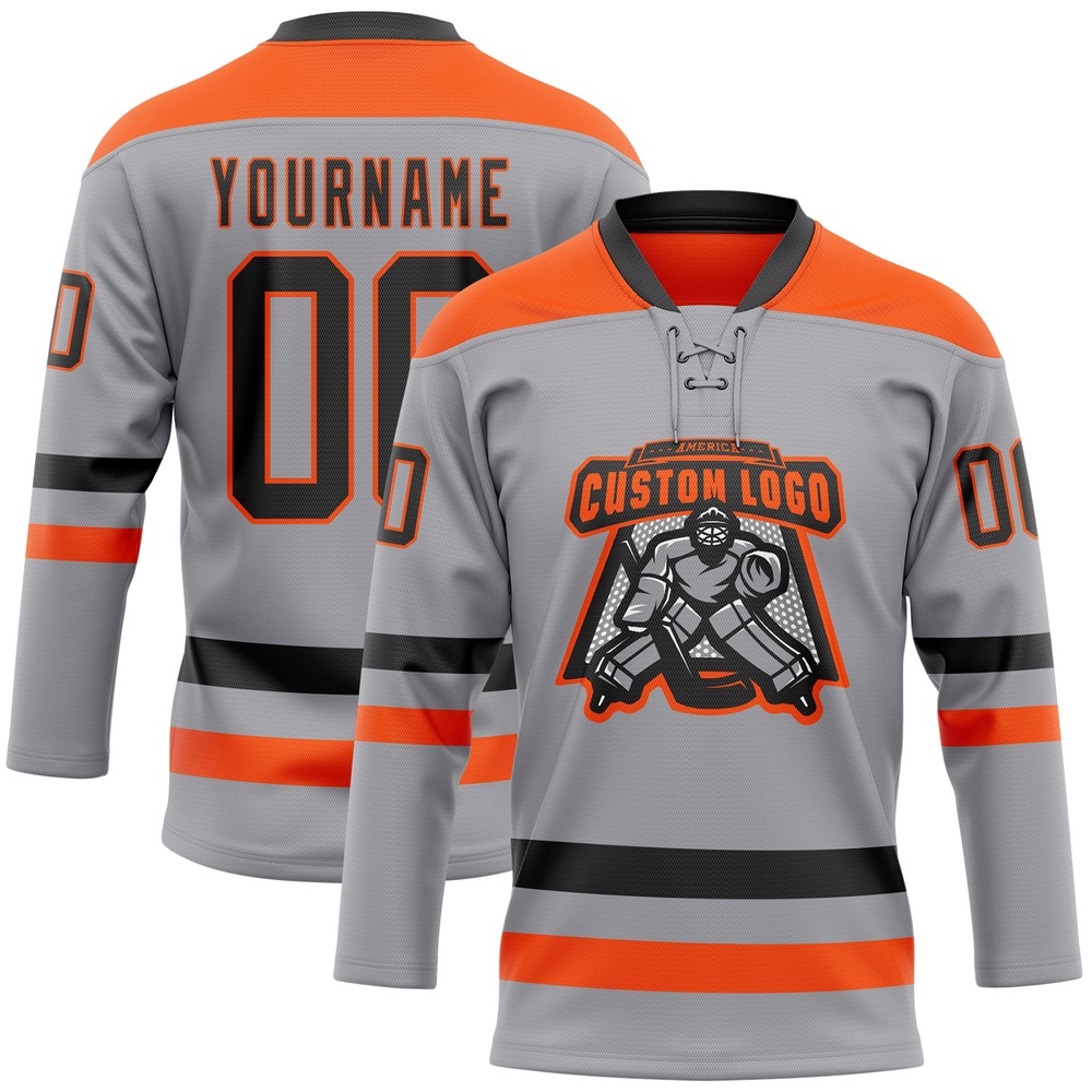 Custom Gray Black Orange Hockey Lace Neck Jersey, New Hockey Jersey, Personali Sport Team Jersey Shirt
