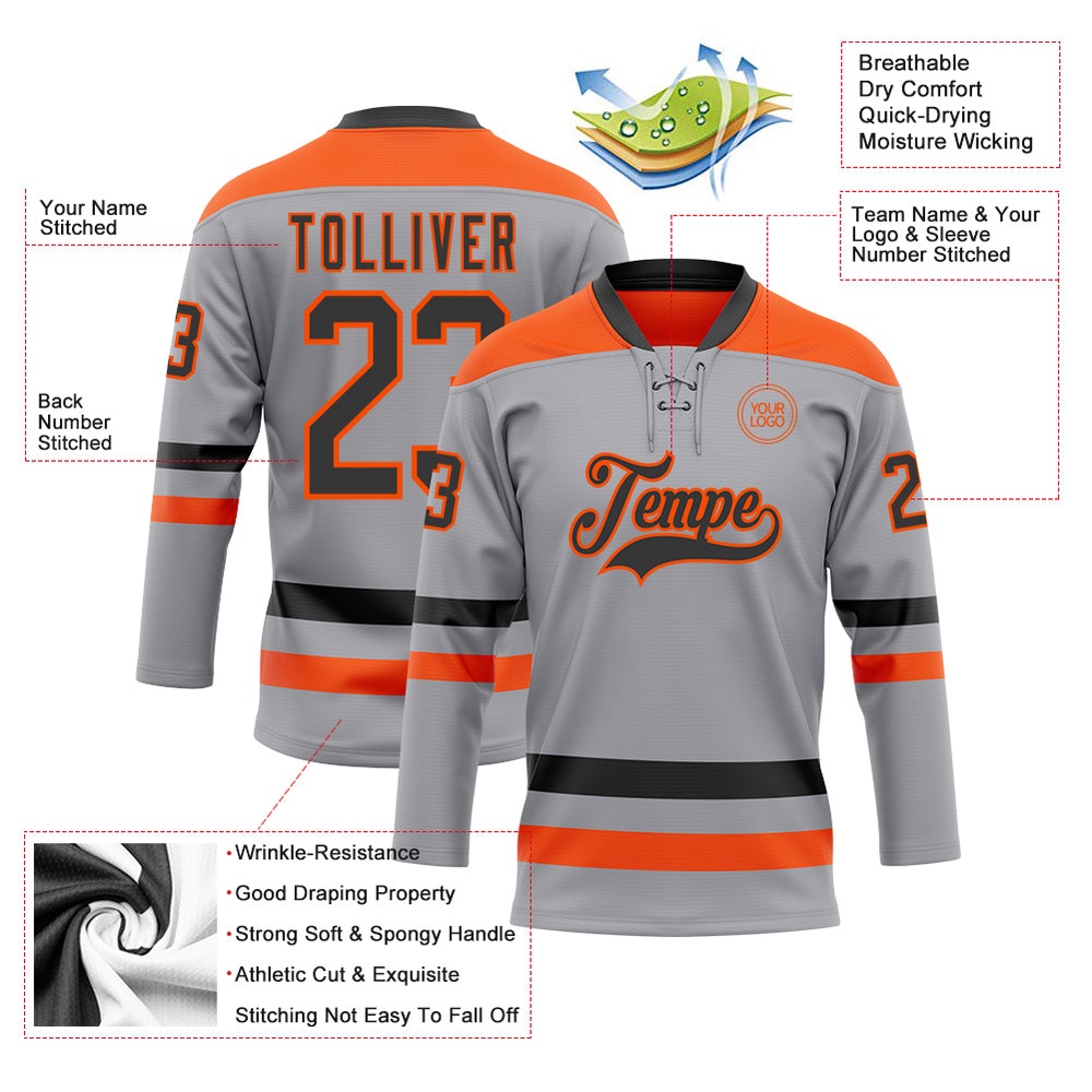 Custom Gray Black Orange Hockey Lace Neck Jersey, New Hockey Jersey, Personali Sport Team Jersey Shirt