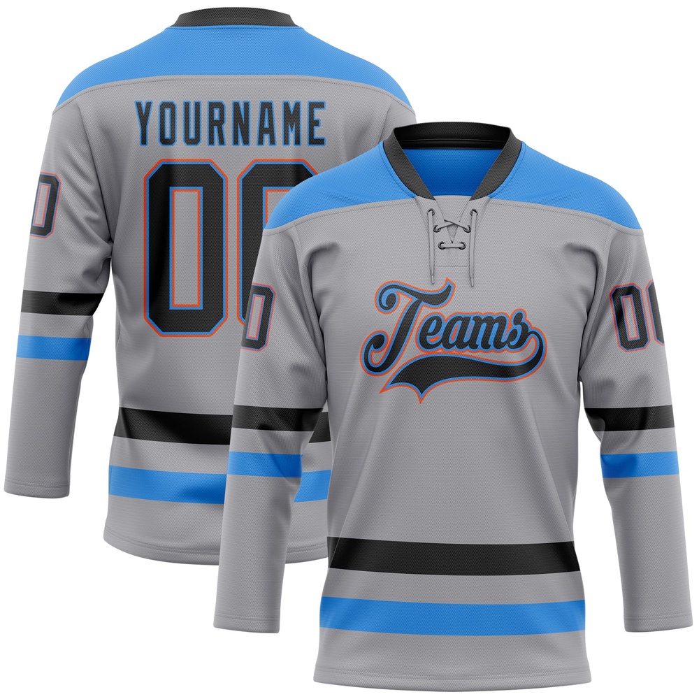 Custom Gray Black Powder Blue Orange Hockey Lace Neck Jersey, New Hockey Jersey, Personali Sport Team Jersey Shirt Custom Gray Black Powder Blue Orange Hockey Lace Neck Jersey, New Hockey Jersey, Personali Sport Team Jersey Shirt