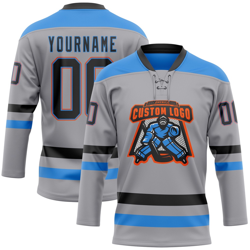 Custom Gray Black Powder Blue Orange Hockey Lace Neck Jersey, New Hockey Jersey, Personali Sport Team Jersey Shirt Custom Gray Black Powder Blue Orange Hockey Lace Neck Jersey, New Hockey Jersey, Personali Sport Team Jersey Shirt
