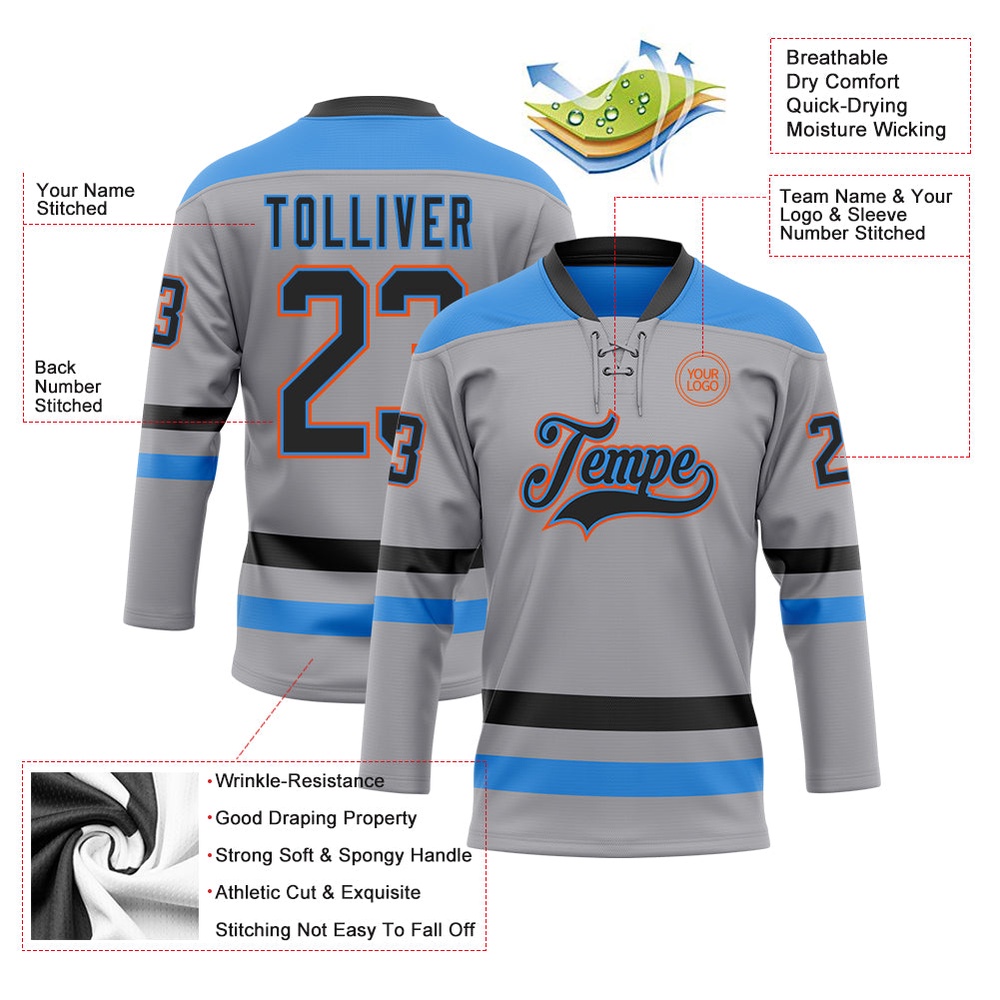 Custom Gray Black Powder Blue Orange Hockey Lace Neck Jersey, New Hockey Jersey, Personali Sport Team Jersey Shirt Custom Gray Black Powder Blue Orange Hockey Lace Neck Jersey, New Hockey Jersey, Personali Sport Team Jersey Shirt