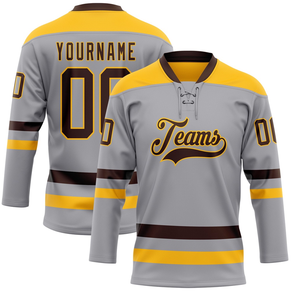 Custom Gray Brown Gold Hockey Lace Neck Jersey, New Hockey Jersey, Personali Sport Team Jersey Shirt