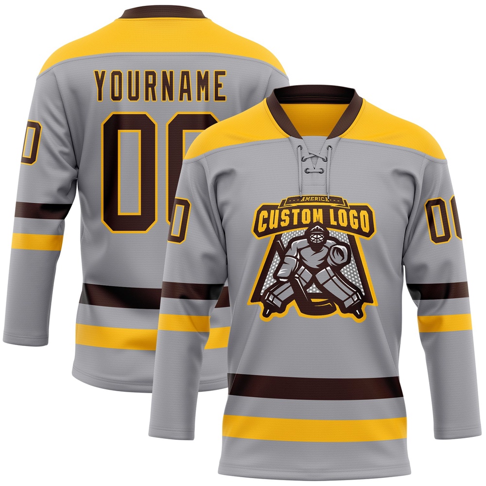 Custom Gray Brown Gold Hockey Lace Neck Jersey, New Hockey Jersey, Personali Sport Team Jersey Shirt