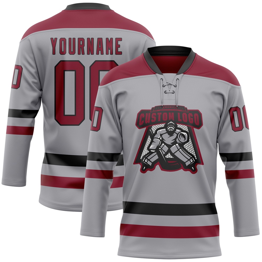 Custom Gray Crimson Black Hockey Lace Neck Jersey, New Hockey Jersey, Personali Sport Team Jersey Shirt