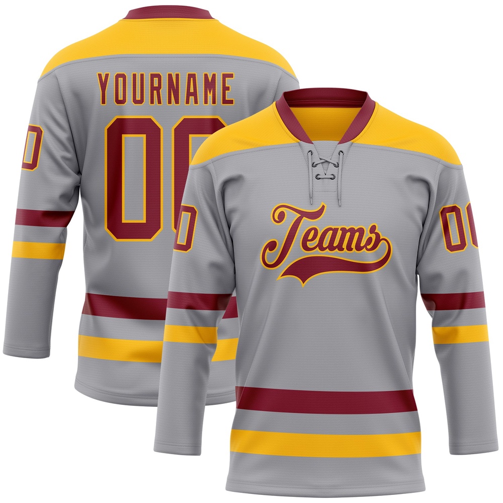 Custom Gray Crimson Gold Hockey Lace Neck Jersey, New Hockey Jersey, Personali Sport Team Jersey Shirt