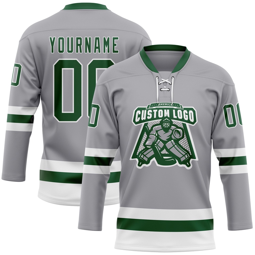 Custom Gray Green White Hockey Lace Neck Jersey, New Hockey Jersey, Personali Sport Team Jersey Shirt Custom Gray Green White Hockey Lace Neck Jersey, New Hockey Jersey, Personali Sport Team Jersey Shirt