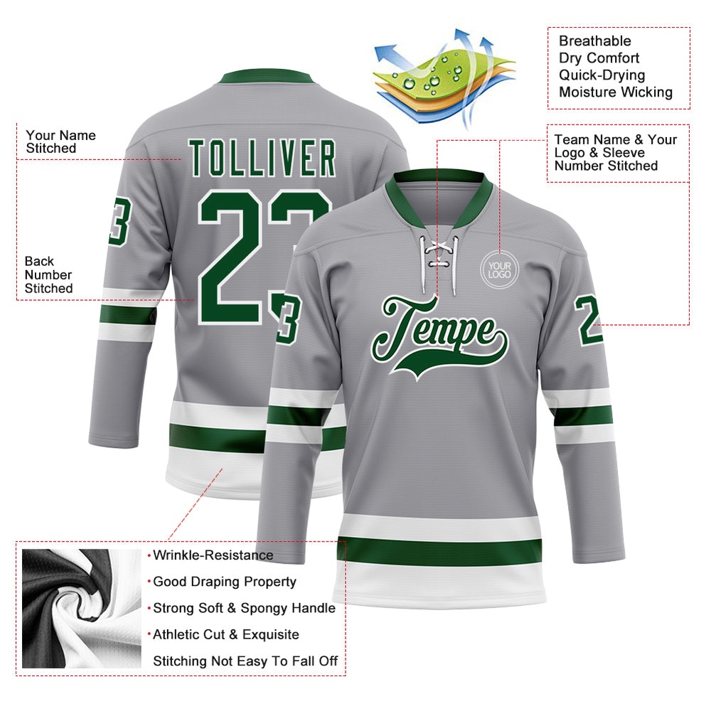 Custom Gray Green White Hockey Lace Neck Jersey, New Hockey Jersey, Personali Sport Team Jersey Shirt Custom Gray Green White Hockey Lace Neck Jersey, New Hockey Jersey, Personali Sport Team Jersey Shirt