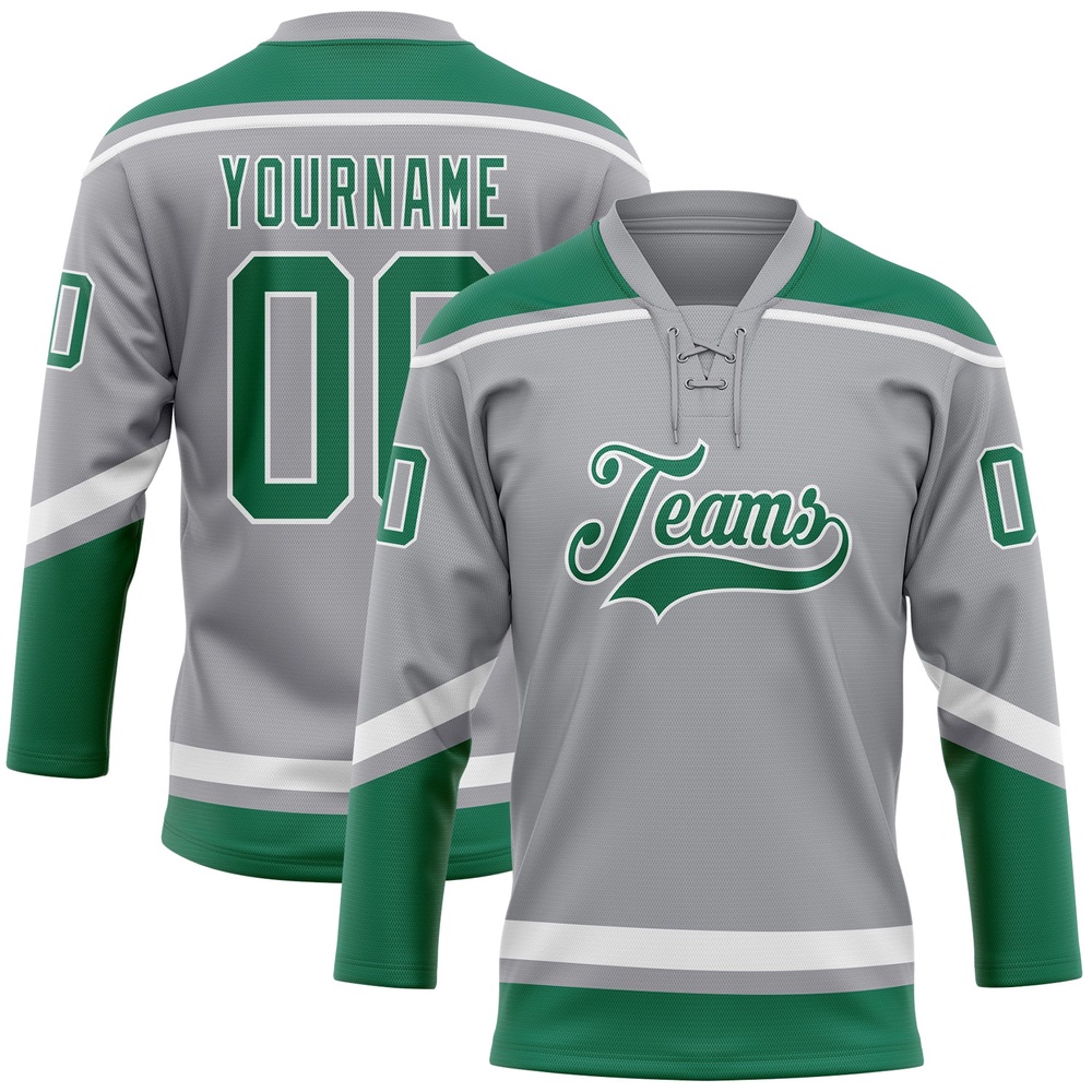 Custom Gray Kelly Green White Hockey Lace Neck Jersey, New Hockey Jersey, Personali Sport Team Jersey Shirt Custom Gray Kelly Green White Hockey Lace Neck Jersey, New Hockey Jersey, Personali Sport Team Jersey Shirt