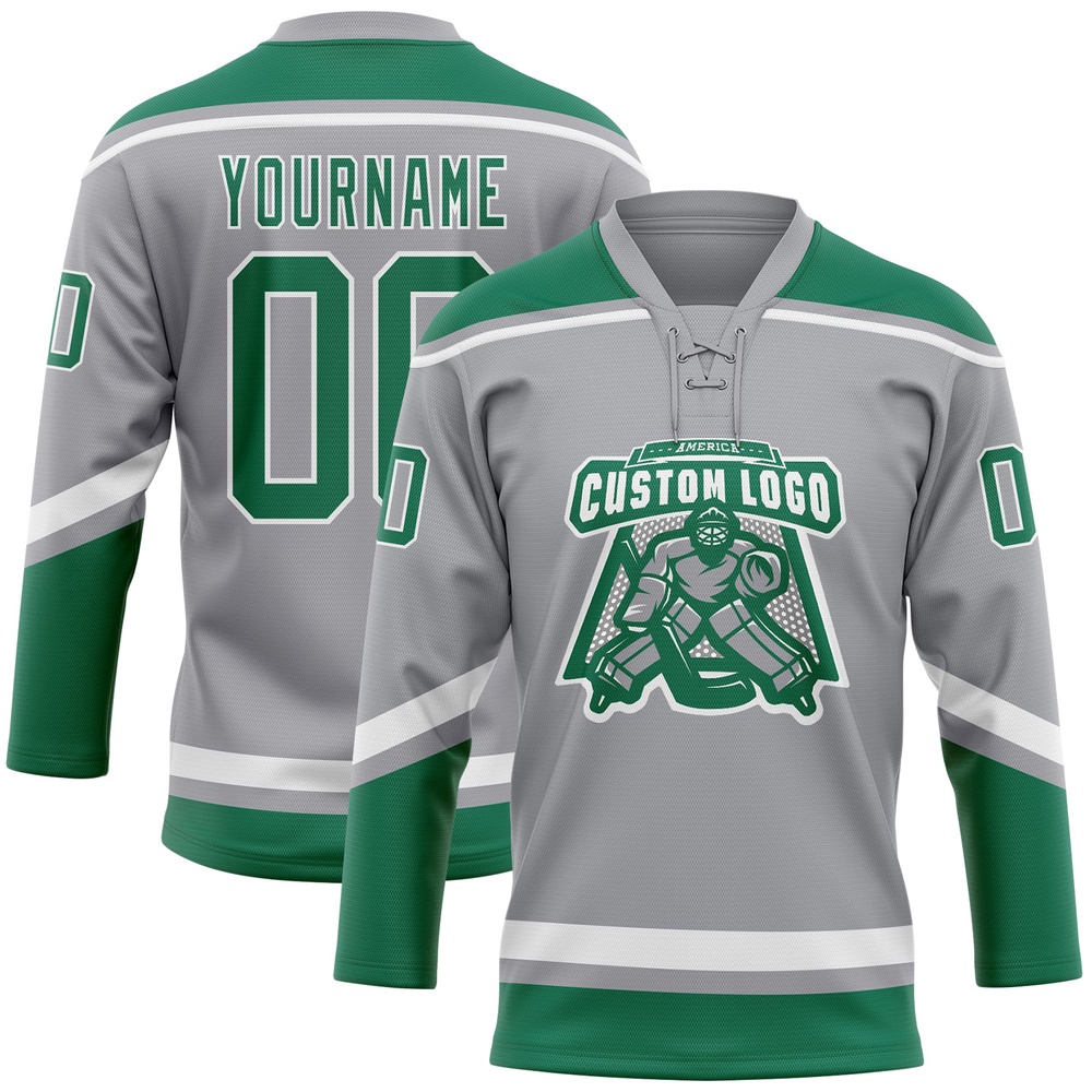 Custom Gray Kelly Green White Hockey Lace Neck Jersey, New Hockey Jersey, Personali Sport Team Jersey Shirt Custom Gray Kelly Green White Hockey Lace Neck Jersey, New Hockey Jersey, Personali Sport Team Jersey Shirt