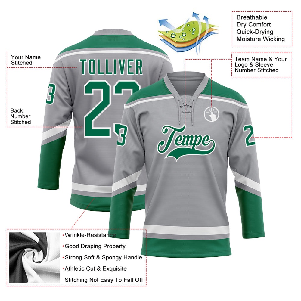 Custom Gray Kelly Green White Hockey Lace Neck Jersey, New Hockey Jersey, Personali Sport Team Jersey Shirt Custom Gray Kelly Green White Hockey Lace Neck Jersey, New Hockey Jersey, Personali Sport Team Jersey Shirt