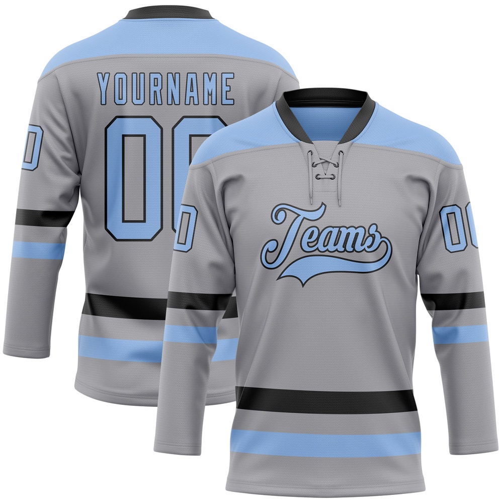 Custom Gray Light Blue Black Hockey Lace Neck Jersey, New Hockey Jersey, Personali Sport Team Jersey Shirt
