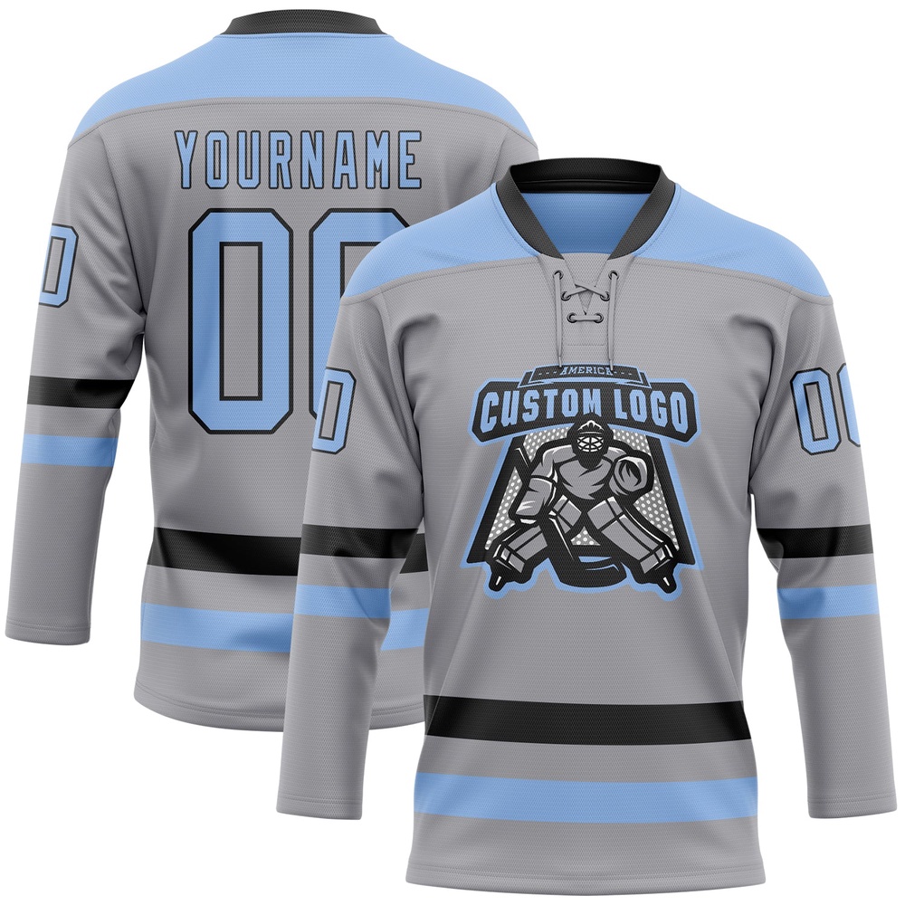Custom Gray Light Blue Black Hockey Lace Neck Jersey, New Hockey Jersey, Personali Sport Team Jersey Shirt