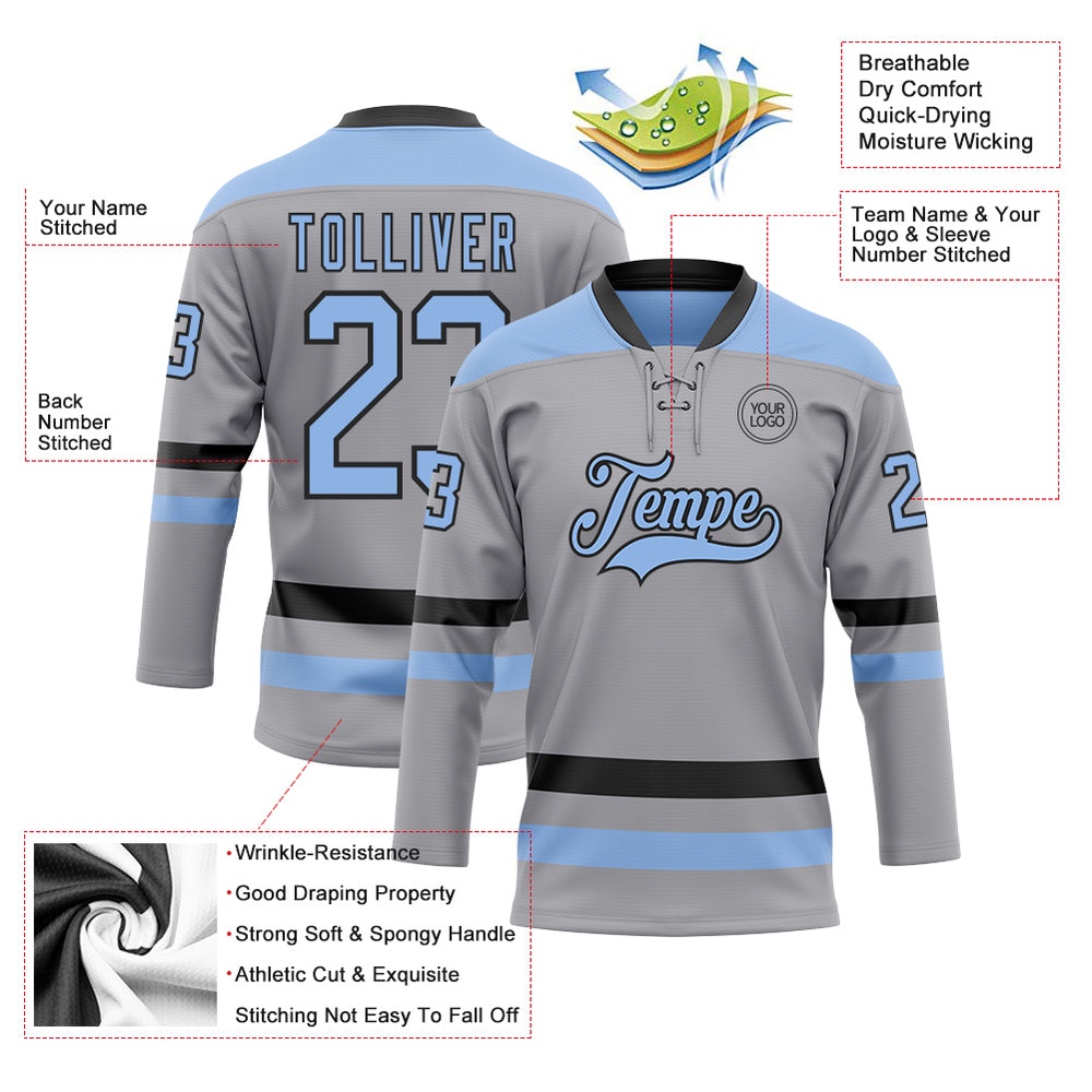 Custom Gray Light Blue Black Hockey Lace Neck Jersey, New Hockey Jersey, Personali Sport Team Jersey Shirt