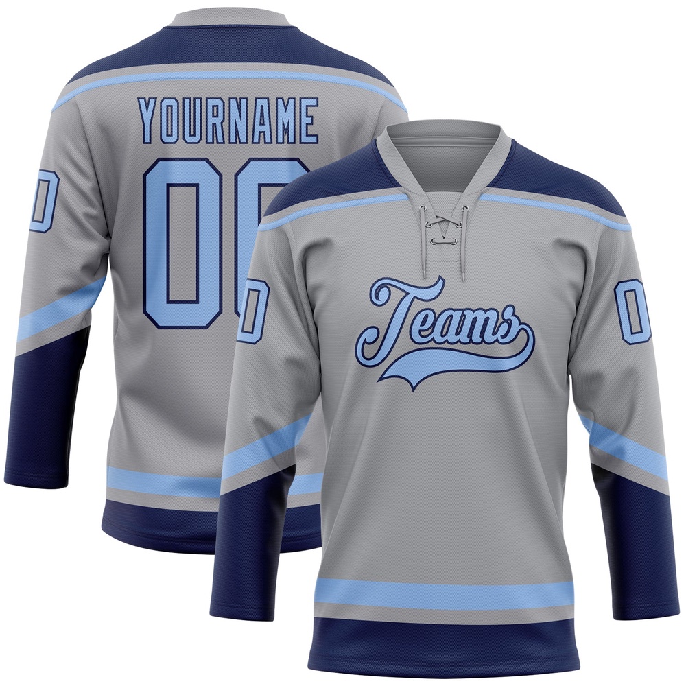 Custom Gray Light Blue Navy Hockey Lace Neck Jersey, New Hockey Jersey, Personali Sport Team Jersey Shirt
