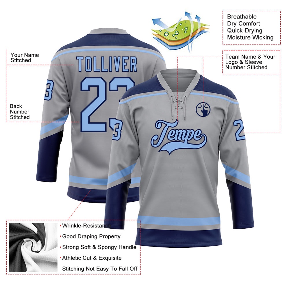 Custom Gray Light Blue Navy Hockey Lace Neck Jersey, New Hockey Jersey, Personali Sport Team Jersey Shirt