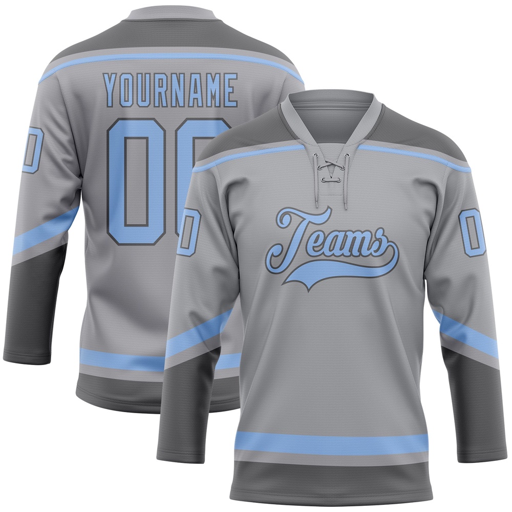 Custom Gray Light Blue Steel Gray Hockey Lace Neck Jersey, New Hockey Jersey, Personali Sport Team Jersey Shirt