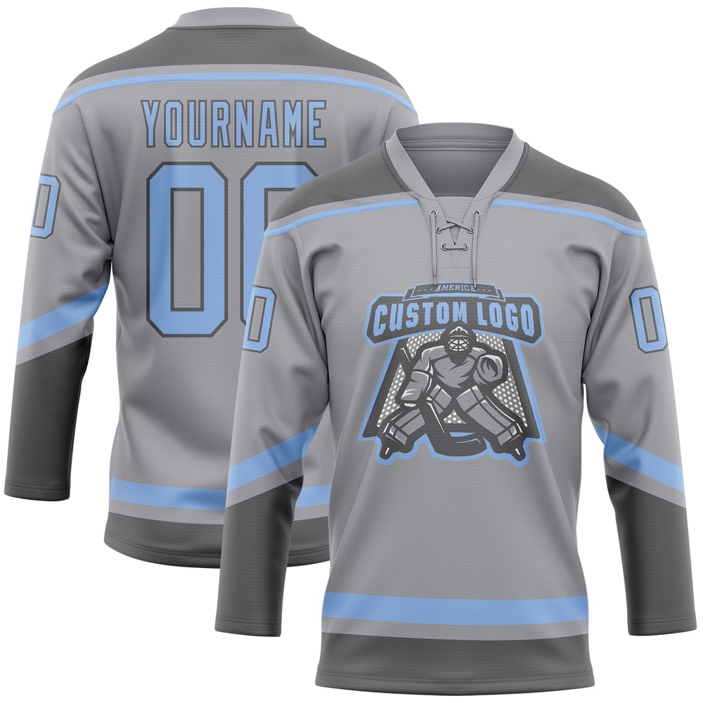 Custom Gray Light Blue Steel Gray Hockey Lace Neck Jersey, New Hockey Jersey, Personali Sport Team Jersey Shirt