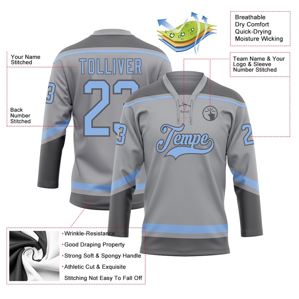 Custom Gray Light Blue Steel Gray Hockey Lace Neck Jersey, New Hockey Jersey, Personali Sport Team Jersey Shirt