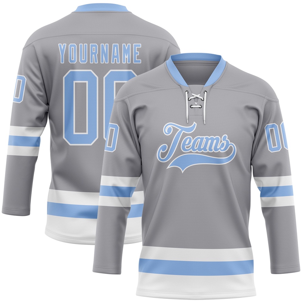 Custom Gray Light Blue White Hockey Lace Neck Jersey, New Hockey Jersey, Personali Sport Team Jersey Shirt Custom Gray Light Blue White Hockey Lace Neck Jersey, New Hockey Jersey, Personali Sport Team Jersey Shirt