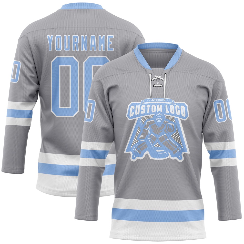Custom Gray Light Blue White Hockey Lace Neck Jersey, New Hockey Jersey, Personali Sport Team Jersey Shirt Custom Gray Light Blue White Hockey Lace Neck Jersey, New Hockey Jersey, Personali Sport Team Jersey Shirt